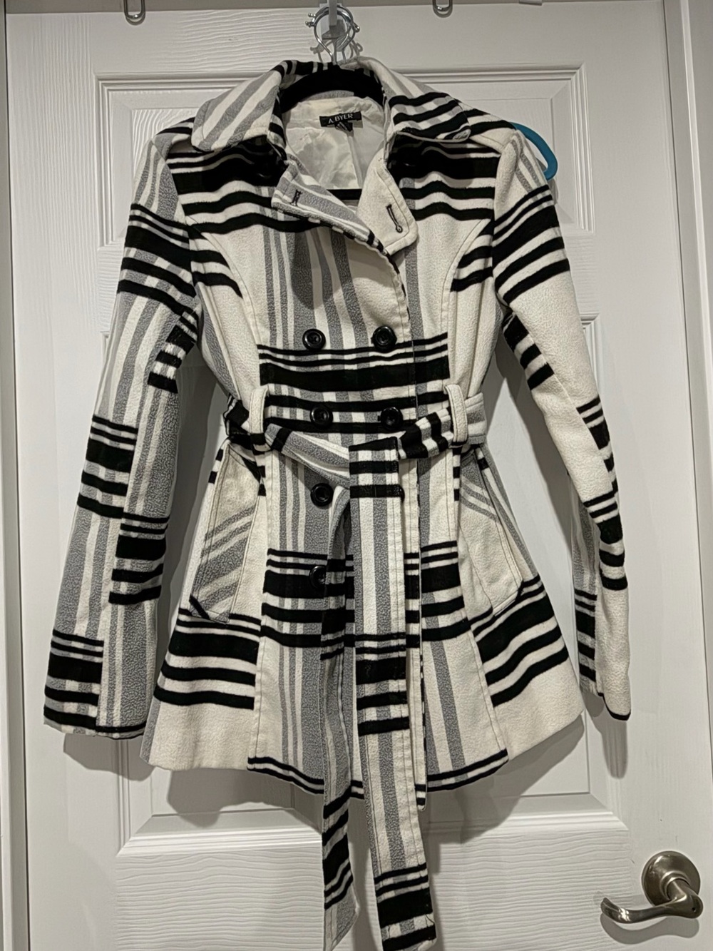 A. Byer Black and White Striped Belted Coat